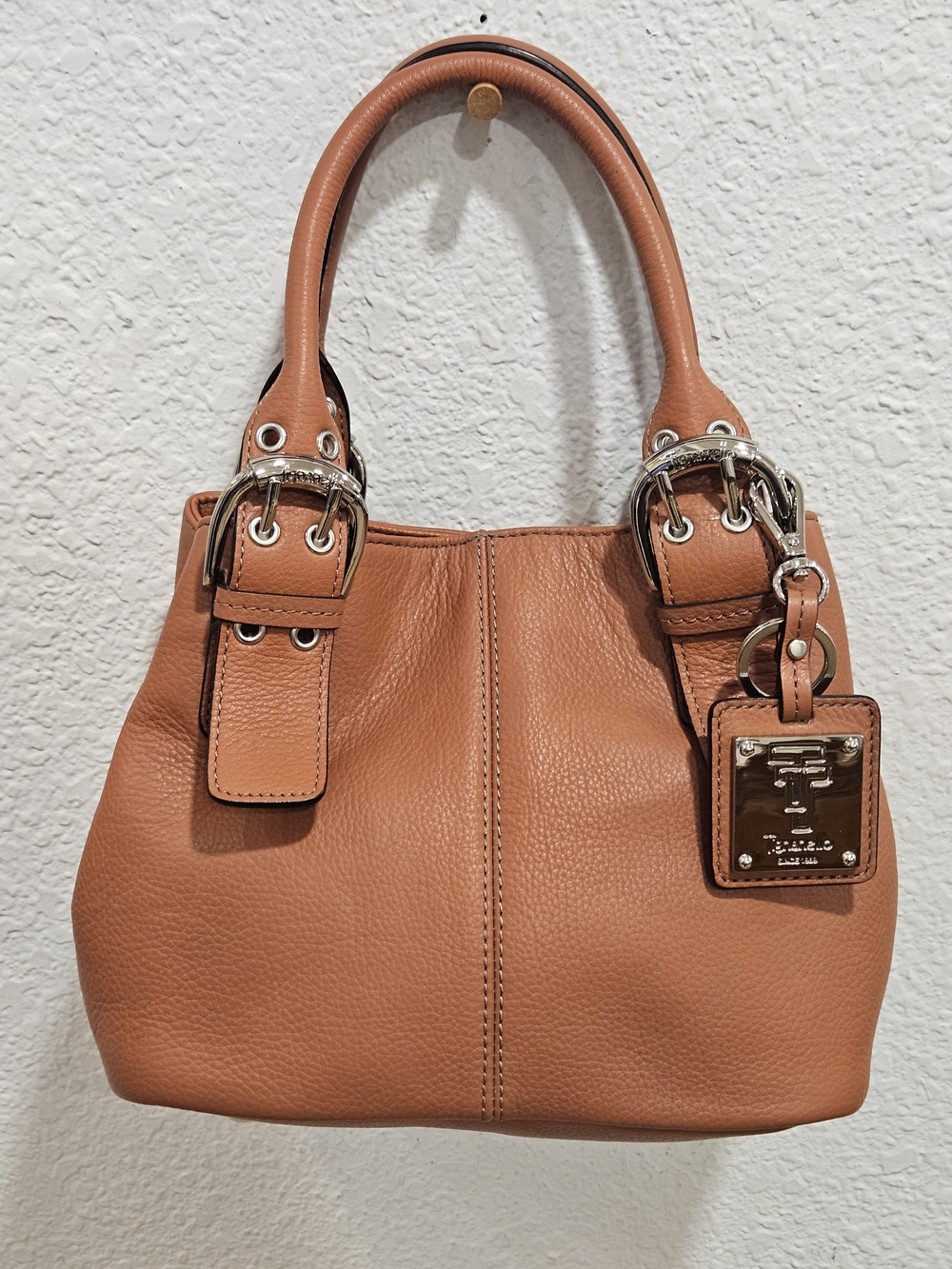 Tignanello Cognac Pebbled Leather Mini French Tote Top Handle Shoulder Purse